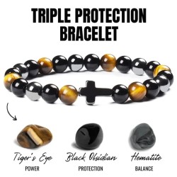 Stones for Health Triple Protection armband met kruis 8 mm kralen / 18 cm Tijger oog /obsidian / Hematite