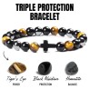 Stones for Health Triple Protection armband met kruis 8 mm kralen / 18 cm Tijger oog /obsidian / Hematite