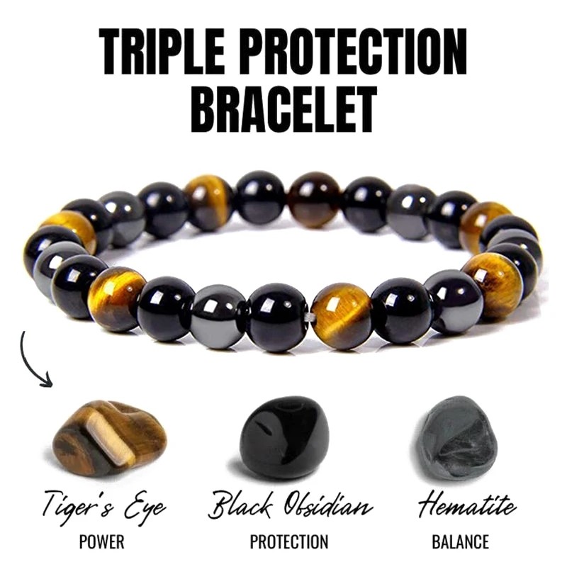 Stones for Health Triple Protection armband /  8mm kralen / 18 cm Tijger oog /obsidian / Hematite