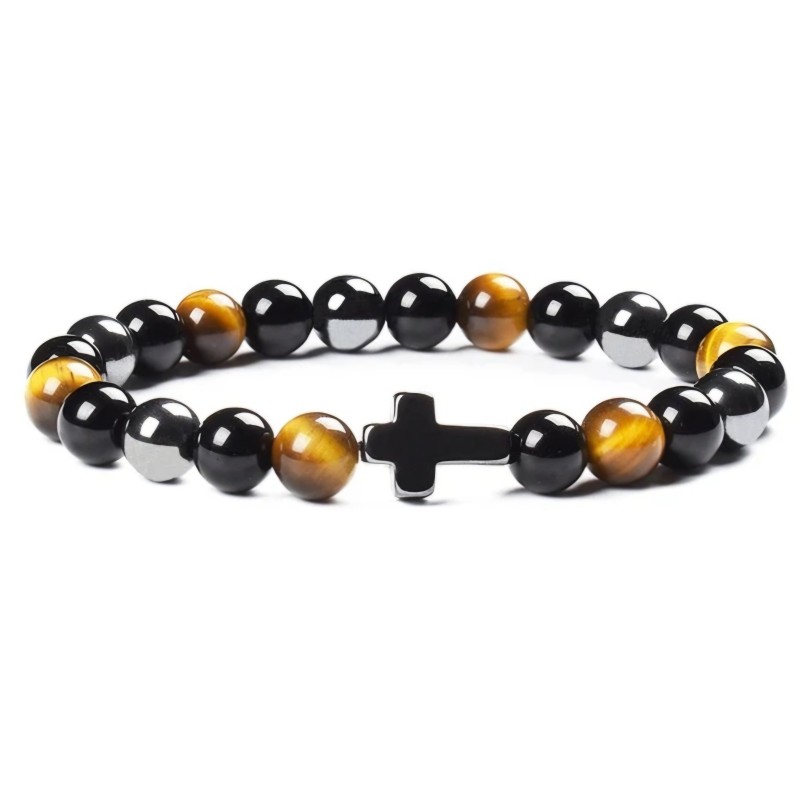 Stones for Health Triple Protection edelstenen armband 8mm kralen / Size 18 CM Tijger oog /obsidian / Hematite met kruis