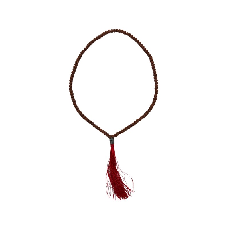 Mala ketting Rhudraksha boeddha hoofd rode kwast 25 cm