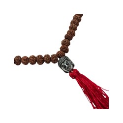 Mala ketting Rhudraksha boeddha hoofd rode kwast 25 cm