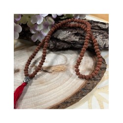 Mala ketting Rhudraksha boeddha hoofd rode kwast 25 cm