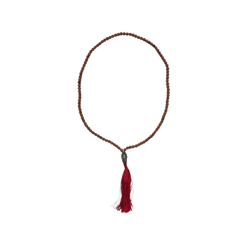 Mala ketting Rhudraksha boeddha hoofd rode kwast 35 cm