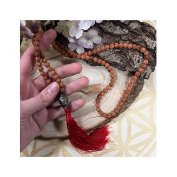 Mala ketting Rhudraksha boeddha hoofd rode kwast 35 cm