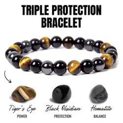 S4H Triple Protection Armband - Tijgeroog, Hematiet & Obsidian/Lava - 8mm Krallen - Maat 18 cm