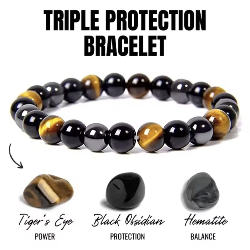 S4H Triple Protection Armband - Tijgeroog, Hematiet & Obsidian/Lava - 8mm Krallen - Maat 18 cm