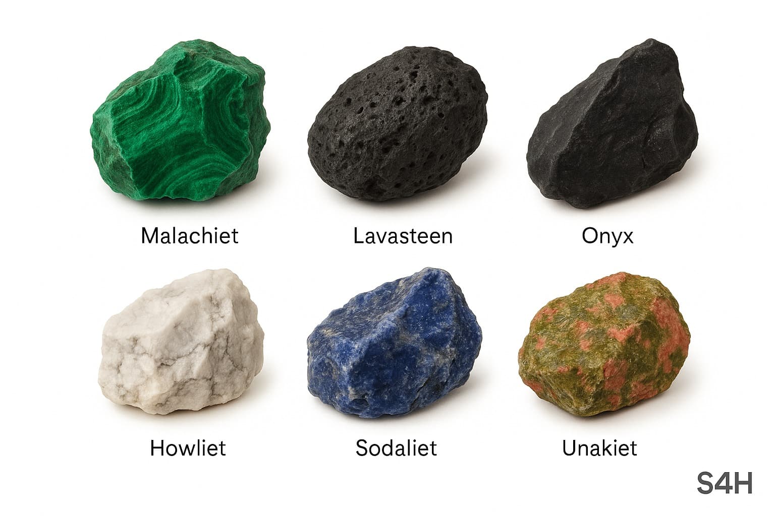 Edelstenen met Betekenis en Kracht: Malachiet, Lavasteen, Onyx, Howliet, Sodaliet en Unakiet