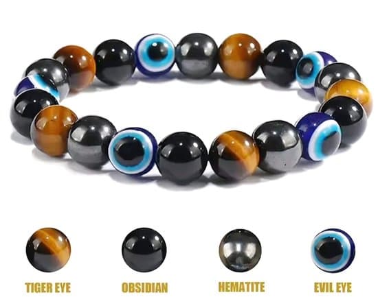 Armband met tijgeroog, obsidiaan, hematiet en blauwe evil eye kralen.