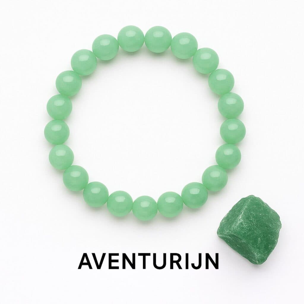 Groene aventurijn armband met 8mm kralen en een ruwe steen ernaast.