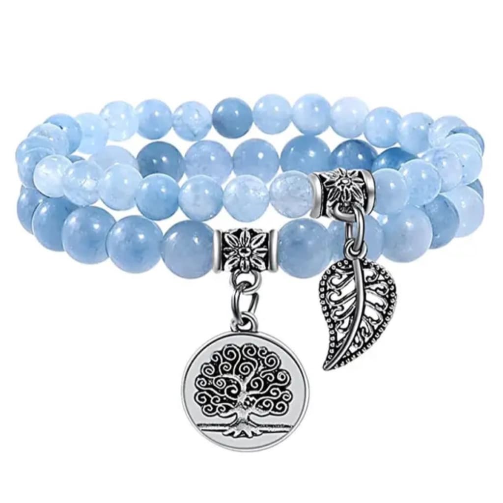 S4H Aquamarijn Armband – Dubbel met Levensboom & Blad (zilver)
