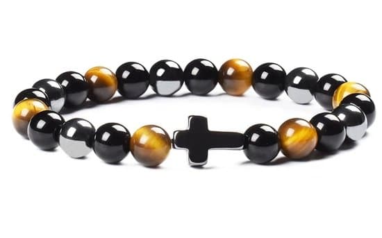 S4H tijgeroog, hematiet, obsidian edelstenen armband 8MM kralen met kruis size 18cm