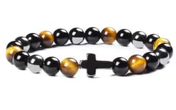 S4H tijgeroog, hematiet, obsidian edelstenen armband 8MM kralen met kruis size 18cm
