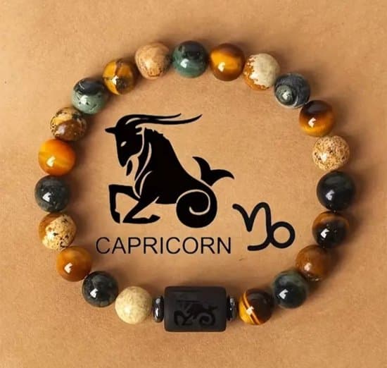 S4H Sterrenbeeld Armband Steenbok (Capricorn) – 8 mm Edelstenen – Tijgeroog, Lava, Hematiet & Jasper – Kracht, Bescherming & Succes – 18 cm – Unisex