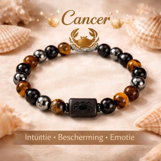 S4H Sterrenbeeld Armband Kreeft (Cancer) – 8 mm Edelstenen – Tijgeroog, Hematiet & Onyx – Bescherming, Emotionele Balans & Kracht – 18 cm – Unisex