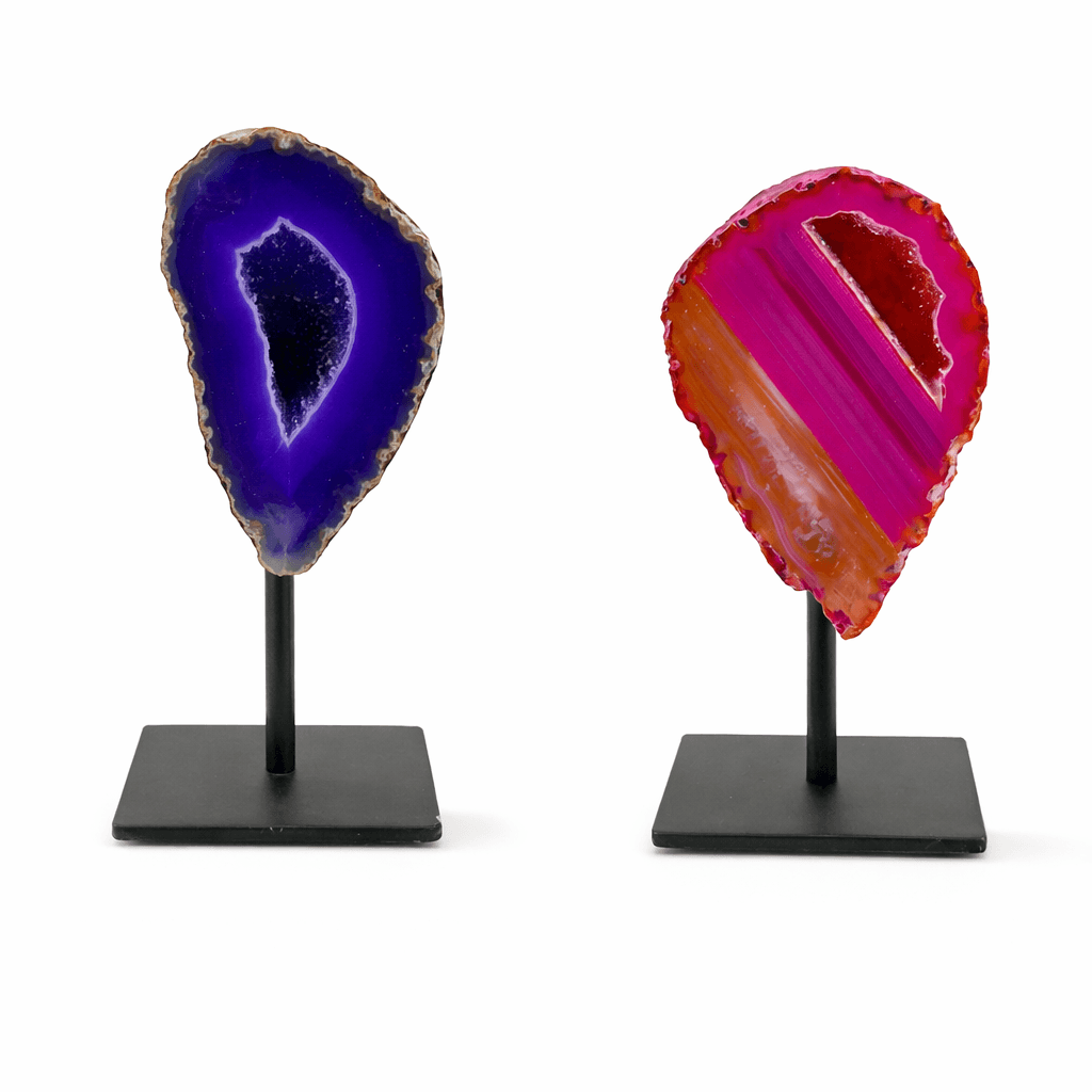 S4H® Gekleurde Agaat op Standaard (13 cm) – Braziliaanse Agaatschijf – Unieke Edelsteen Decoratie | ± 400g