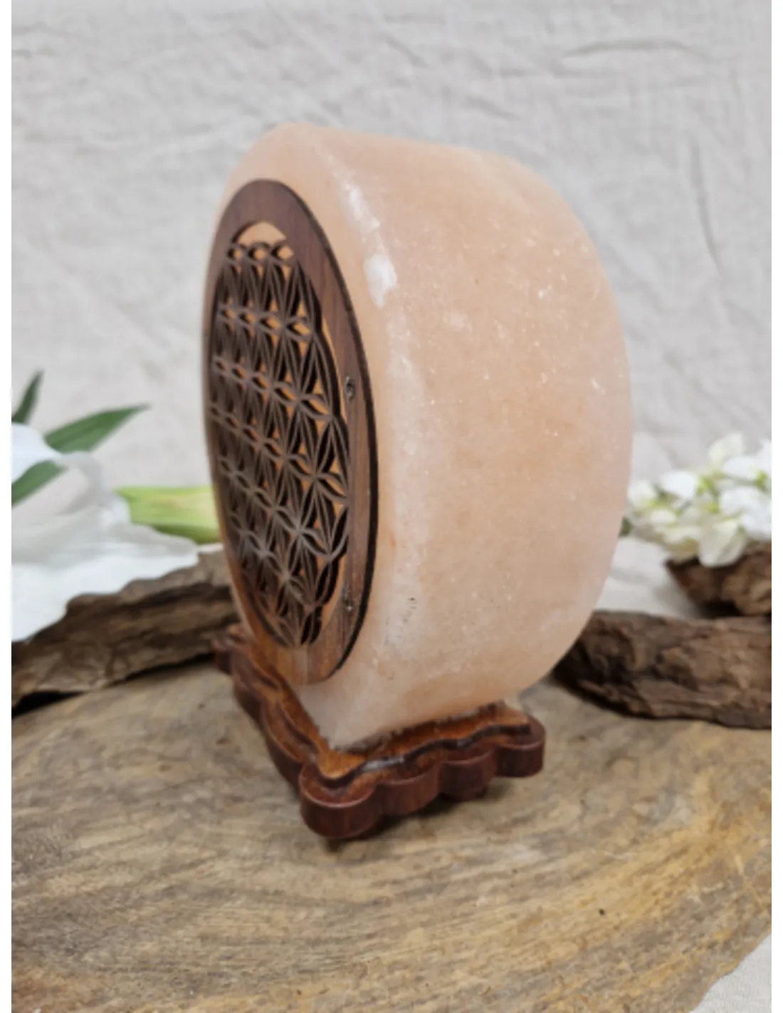 Zoutsteen lamp flower of life rond deco incl. elektra